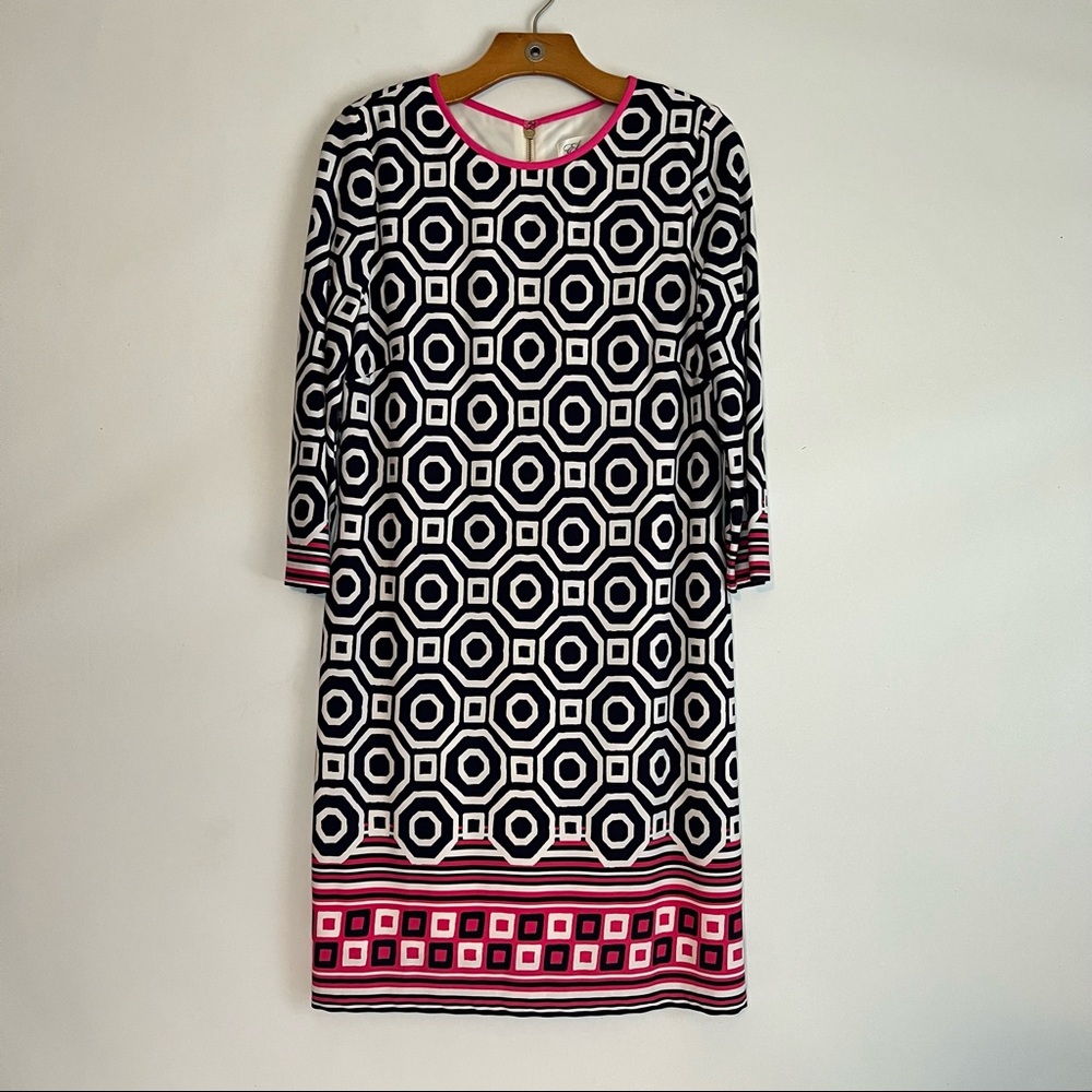 Eliza J Geometric Print Shift Dress Navy White Pink 3/4 Sleeves Size 10 - Picture 1 of 10